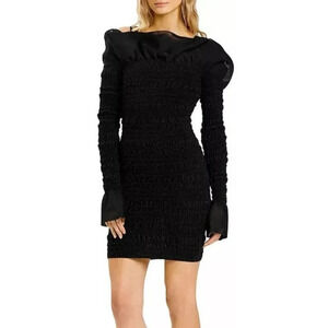 NWT Herve Leger Black Puckered Ruffle-Trim Cold Shoulder Mini Dress Size XXS